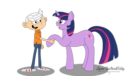 Size: 1280x772 | Tagged: safe, artist:small-brooke1998, twilight sparkle, human, pony, unicorn, g4, crossover, friendshipping, handshake, hoofshake, lincoln loud, open mouth, open smile, smiling, the loud house, unicorn twilight