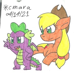 Size: 854x811 | Tagged: safe, artist:cmara, applejack, spike, dragon, earth pony, pony, g4, applejack's hat, cowboy hat, female, hat, male, mare, open mouth, ship:applespike, shipping, simple background, straight, traditional art, white background