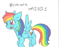 Size: 1042x838 | Tagged: safe, artist:cmara, rainbow dash, pegasus, pony, g4, female, flying, mare, open mouth, simple background, solo, traditional art, white background