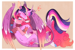 Size: 1938x1285 | Tagged: safe, artist:wanderingpegasus, pinkie pie, twilight sparkle, alicorn, earth pony, pony, alternate hairstyle, belly fluff, blushing, chest fluff, cloven hooves, coat markings, colored ears, colored eyelashes, colored wings, curved horn, cute, diapinkes, ear fluff, ethereal mane, eyes closed, facial markings, female, freckles, horn, hug, leg fluff, leonine tail, lesbian, mare, markings, multicolored wings, pale belly, redesign, shipping, snip (coat marking), socks (coat markings), starry mane, starry wings, twiabetes, twilight sparkle (alicorn), twinkie, unshorn fetlocks, wing fluff, wings