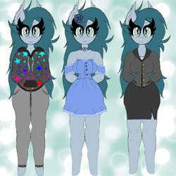 Size: 3543x3543 | Tagged: safe, artist:chubbehbunneh16, oc, bat pony, anthro, unguligrade anthro, bat pony oc, business suit, choker, clothes, dress, female, flower, flower in hair, high res, hoodie, skirt, solo, sundress