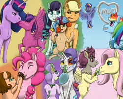 Size: 2500x2000 | Tagged: safe, artist:azurllinate, applejack, coloratura, fluttershy, pinkie pie, rainbow dash, rarity, twilight sparkle, oc, oc:azure sprint, oc:chocolate swirl, oc:dazzle shield, oc:elegrace flux, oc:peachy plum, oc:spiral twinkle, alicorn, draconequus, dracony, dragon, earth pony, hybrid, pegasus, pony, g4, the last problem, alicorn oc, apple, blushing, blushing profusely, boop, chest fluff, cloud, cloud writing, cupcake, draconequus oc, earth pony oc, eyes closed, face paint, fangs, female, flower, flying, foal, food, freckles, futurehooves, gift giving, green eyes, happy, high res, hoof on shoulder, horn, interspecies offspring, juggling, lesbian, long mane, magical lesbian spawn, male, mirror, nervous, next gen:futurehooves, next generation, not impressed, offspring, older, older twilight, older twilight sparkle (alicorn), open mouth, parent:applejack, parent:cheese sandwich, parent:coloratura, parent:discord, parent:flash sentry, parent:fluttershy, parent:pinkie pie, parent:rainbow dash, parent:rarity, parent:soarin', parent:spike, parent:twilight sparkle, parents:cheesepie, parents:discoshy, parents:flashlight, parents:rarajack, parents:soarindash, parents:sparity, pegasus oc, princess twilight 2.0, proud, royalty, ship:rarajack, shipping, simple background, smiling, stifling laughter, tongue out, trying to feed, twilight sparkle (alicorn), two moms, wavy hair, wings