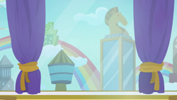 Size: 1280x720 | Tagged: safe, screencap, g4, grannies gone wild, background, building, curtains, hotel room, las pegasus, no pony, rainbow, scenery, scenic ponyville, skyscraper