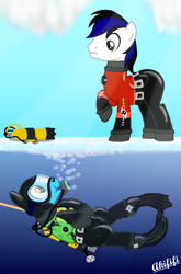 Size: 2633x4000 | Tagged: safe, artist:akififi, oc, oc:sea glow, pegasus, pony, air tank, bubble, dive mask, diving, drysuit, duo, flippers (gear), ice, nose plug, rope, scuba gear, underwater, weight belt, wetsuit