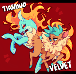 Size: 2402x2316 | Tagged: safe, artist:hoshmyposhes, tianhuo (tfh), velvet (tfh), deer, dragon, hybrid, longma, reindeer, them's fightin' herds, community related, cute, cute little fangs, duo, fangs, female, fire, fluffy, high res, lidded eyes, looking at each other, looking down, mane of fire, open mouth, red background, simple background, tongue out