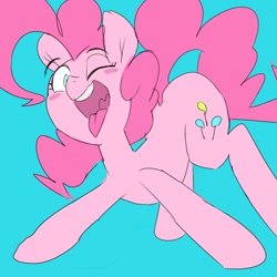 Size: 1238x1240 | Tagged: safe, artist:baigak, pinkie pie, earth pony, pony, g4, blush sticker, blushing, esophagus, looking at you, one eye closed, open mouth, simple background, solo, tongue out, uvula, wink