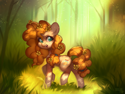 Size: 4000x3000 | Tagged: safe, artist:sugarstar, pear butter, earth pony, pony, rcf community, g4, bush, cute, female, flower, flower in hair, forest, high res, mare, open mouth, open smile, outdoors, pearabetes, raised hoof, smiling, solo, tree