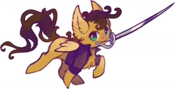 Size: 1540x781 | Tagged: safe, artist:sitaart, oc, oc only, oc:sandy fortune, pegasus, pony, chibi, commission, commissioner:sandyfortune, female, mare, mouth hold, solo, sword, weapon