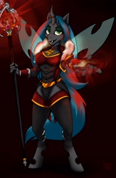 Size: 2671x4096 | Tagged: safe, artist:creed_zachary, queen chrysalis, changeling, changeling queen, anthro, unguligrade anthro, g4, armor, bracer, choker, clothes, commission, crossover, dress, fangs, female, fur, glowing, gold, hair, hand, horn, jewelry, looking at you, mage, magic, magic orb, mare, open mouth, orb, outstretched arm, pendant, revendreth, solo, staff, staff weapon, standing, stocking feet, stockings, stupid sexy chrysalis, tail, thigh highs, venthyr, warcraft, wings, world of warcraft