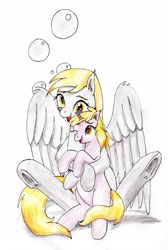 Size: 1990x2967 | Tagged: safe, artist:40kponyguy, derpibooru exclusive, derpy hooves, dinky hooves, pegasus, pony, unicorn, g4, bunny sitting, cute, cutie mark background, ear fluff, female, filly, happy, hug, looking at each other, mare, mother and child, mother and daughter, one eye closed, simple background, traditional art, underhoof, wings