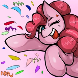 Size: 1543x1543 | Tagged: safe, artist:kyouman1010, pinkie pie, earth pony, pony, g4, cute, diapinkes, happy, looking at you, one eye closed, open mouth, open smile, simple background, smiling, smiling at you, wink, winking at you