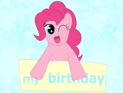 Size: 2048x1548 | Tagged: safe, artist:maud_pie_s4, pinkie pie, earth pony, pony, g4, cute, diapinkes, happy, looking at you, one eye closed, open mouth, open smile, pinkie pie's birthday, simple background, smiling, smiling at you, text, wink, winking at you