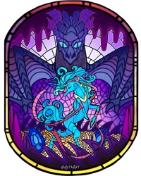 Size: 959x1200 | Tagged: safe, artist:sitaart, oc, oc only, dragon, pony, unicorn, ponyfinder, cave, dancing, egg, magic, pen and paper rpg, rpg, signature, stained glass