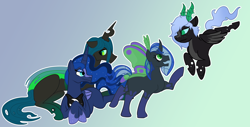 Size: 2318x1181 | Tagged: safe, artist:radicalhat, princess luna, queen chrysalis, oc, alicorn, changeling, changepony, hybrid, pony, g4, chrysaluna, commission, couple, family, fankids, female, group picture, interspecies offspring, lesbian, magical lesbian spawn, offspring, parent:princess luna, parent:queen chrysalis, parents:chrysaluna, shipping
