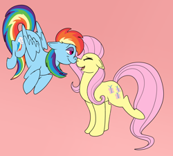 Size: 2280x2049 | Tagged: safe, artist:radicalhat, fluttershy, rainbow dash, pegasus, pony, g4, boop, couple, female, floppy ears, high res, lesbian, mare, noseboop, pink background, ship:flutterdash, shipping, simple background, wingless