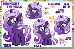 Size: 1200x798 | Tagged: safe, artist:jennieoo, oc, oc only, oc:midnight twinkle, pony, unicorn, blushing, colt, constellation, constellation hair, ethereal mane, female, filly, happy, heterochromia, male, reference sheet, sheet, show accurate, shy, smiling, solo, starry mane, teenager