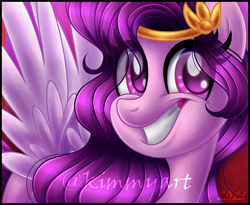 Size: 1636x1341 | Tagged: safe, artist:kimmyartmlp, edit, pipp petals, pegasus, pony, g5, abstract background, adorapipp, bust, cropped, cute, eyelashes, female, grin, looking at you, mare, portrait, red eyes, red-eyed pipp, smiling, solo, teeth, watermark, wings