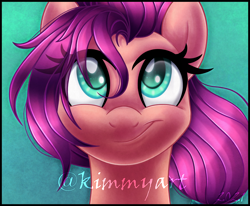 Size: 1636x1349 | Tagged: safe, artist:kimmyartmlp, edit, sunny starscout, earth pony, pony, g5, bust, cropped, cute, eyelashes, female, gradient background, mare, portrait, smiling, solo, sunnybetes, watermark