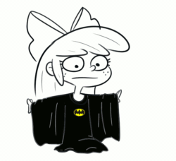 Size: 1000x912 | Tagged: safe, artist:tjpones edits, edit, apple bloom, equestria girls, g4, animated, batman, clothes, female, freckles, gif, monochrome, outstretched arms, oversized clothes, oversized shirt, shirt, simple background, solo, white background