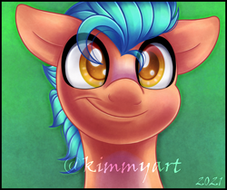 Size: 1636x1376 | Tagged: safe, artist:kimmyartmlp, edit, hitch trailblazer, earth pony, pony, g5, blaze (coat marking), bust, coat markings, cropped, cute, facial markings, floppy ears, gradient background, hitchbetes, looking at you, male, pale belly, portrait, smiling, solo, stallion, watermark