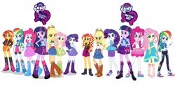 Size: 2169x1064 | Tagged: safe, applejack, fluttershy, pinkie pie, rainbow dash, rarity, sunset shimmer, twilight sparkle, alicorn, equestria girls, g4, my little pony equestria girls: better together, my little pony equestria girls: rainbow rocks, geode of empathy, geode of fauna, geode of shielding, geode of sugar bombs, geode of super speed, geode of super strength, humane five, humane six, magical geodes, outfit, twilight sparkle (alicorn)