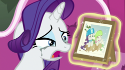 Size: 1280x720 | Tagged: safe, editor:rarity vrymer collective, screencap, rarity, sweetie belle, pony, unicorn, forever filly, g4, season 7, crying, duo, duo female, fainting couch, female, makeup, open mouth, picture frame, running makeup
