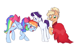 Size: 1000x700 | Tagged: safe, artist:nodambol, applejack, rainbow dash, rarity, earth pony, pegasus, pony, unicorn, g4, alternate hairstyle, and then there's rarity, applejack also dresses in style, bow, clothes, dress, ear piercing, earring, female, floppy ears, grin, hair bow, jewelry, makeover, mare, piercing, rainbow dash always dresses in style, raised hoof, simple background, smiling, tail bow, transparent background, trio, varying degrees of want