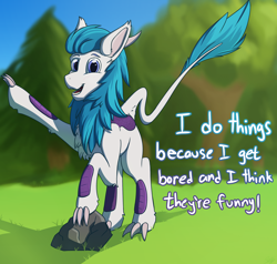 Size: 2500x2380 | Tagged: safe, artist:dadio46, oc, oc:ketten moon, kirin, claws, forest background, high res, horns, kirin oc, open mouth, raised leg, rock, talking, talking to viewer, text, tree