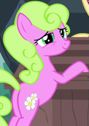 Size: 361x513 | Tagged: safe, screencap, daisy, flower wishes, lily, lily valley, earth pony, pony, g4, it isn't the mane thing about you, season 7, bipedal, bipedal leaning, butt, cute, female, leaning, mare, offscreen character, plot, solo