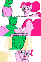 Size: 2042x3072 | Tagged: safe, artist:datzigga, pinkie pie, oc, oc:anon, earth pony, human, pony, g4, comic, high res, implied bisexual, implied cheese sandwich, implied cheesepie, implied shipping, kemono michi, male, meme, muscles, muscular male, older, older pinkie pie, sketch