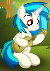 Size: 4678x6600 | Tagged: safe, artist:agkandphotomaker2000, dj pon-3, vinyl scratch, pony, unicorn, g4, absurd resolution, afternoon, bush, female, guitar, mare, musical instrument, playing instrument, show accurate, sitting, solo, tree, wrong eye color