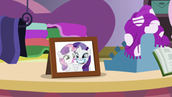 Size: 1280x720 | Tagged: safe, editor:rarity vrymer collective, screencap, rarity, sweetie belle, forever filly, g4, female, framed picture, smiling