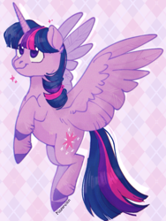 Size: 768x1024 | Tagged: safe, artist:pigeorgien, twilight sparkle, alicorn, pony, g4, abstract background, female, flying, mare, smiling, solo, sparkles, spread wings, twilight sparkle (alicorn), unshorn fetlocks, wings