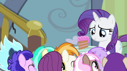 Size: 1280x720 | Tagged: safe, editor:rarity vrymer collective, screencap, rarity, pony, for whom the sweetie belle toils, g4, season 4, cake, female, food, rarity looking at food, solo