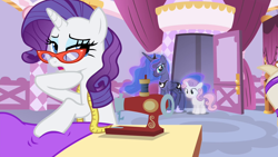 Size: 1280x720 | Tagged: safe, edit, edited screencap, editor:rarity vrymer collective, screencap, princess luna, rarity, sweetie belle, alicorn, pony, unicorn, for whom the sweetie belle toils, g4, season 4, carousel boutique, female, filly, foal, glasses, glasses rarity, mare, measuring tape, rarity's glasses, sewing, sewing machine
