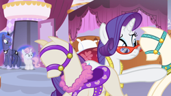 Size: 1280x720 | Tagged: safe, edit, edited screencap, editor:rarity vrymer collective, screencap, princess luna, rarity, sweetie belle, alicorn, pony, unicorn, for whom the sweetie belle toils, g4, carousel boutique, female, filly, foal, glasses, glasses rarity, mare, measuring tape, rarity's glasses