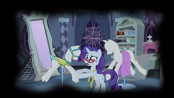 Size: 1280x720 | Tagged: safe, editor:rarity vrymer collective, screencap, rarity, for whom the sweetie belle toils, g4, season 4, carousel boutique, female, glasses rarity, measuring tape, sewing, sewing machine