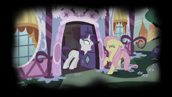 Size: 1280x720 | Tagged: safe, editor:rarity vrymer collective, screencap, fluttershy, rarity, pegasus, pony, unicorn, for whom the sweetie belle toils, g4, season 4, carousel boutique, female, floppy ears