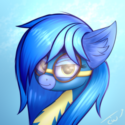 Size: 1221x1221 | Tagged: safe, artist:colourwave, oc, oc only, oc:blue bolt, pegasus, pony, bust, clothes, commission, ear fluff, female, goggles, looking at you, mare, pegasus oc, portrait, simple background, smiling, solo, uniform, wonderbolt trainee uniform, wonderbolts uniform