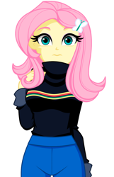 Size: 752x1167 | Tagged: safe, artist:rosemile mulberry, fluttershy, human, equestria girls, g4, butterfly hairpin, clothes, female, looking at you, solo, sweater, sweatershy