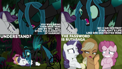 Size: 1280x720 | Tagged: safe, edit, edited screencap, editor:quoterific, screencap, mean applejack, mean pinkie pie, mean rarity, queen chrysalis, changeling, earth pony, pony, unicorn, g4, season 8, the mean 6, applejack's hat, clone, cowboy hat, eyes closed, female, forest, hat, mare, open mouth, yelling