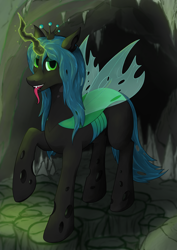 Size: 2480x3508 | Tagged: safe, artist:laykeen, queen chrysalis, changeling, changeling queen, g4, cave, crown, female, full body, high res, jewelry, magic, regalia, simple background, tongue out, wings