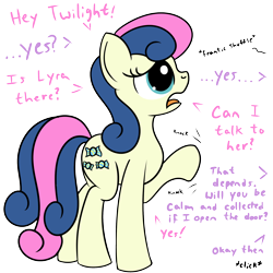 Size: 2000x2000 | Tagged: safe, artist:dafiltafish, bon bon, sweetie drops, earth pony, pony, comic:day by day, g4, dialogue, female, high res, implied lyra, implied twilight sparkle, mare, simple background, solo, transparent background