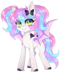 Size: 1992x2332 | Tagged: safe, artist:_spacemonkeyz_, oc, oc:saccharine, bat pony, bat pony oc, bat wings, bow, wings