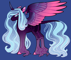 Size: 2600x2200 | Tagged: safe, artist:loryska, oc, oc only, alicorn, pony, blue background, female, high res, magical lesbian spawn, mare, offspring, parent:nightmare moon, parent:twilight sparkle, parents:twimoon, simple background, solo, two toned wings, wings