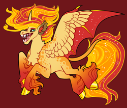 Size: 2600x2200 | Tagged: safe, artist:loryska, oc, oc only, alicorn, pony, dog mouth, fangs, female, high res, hybrid wings, magical lesbian spawn, mare, offspring, parent:daybreaker, parent:sunset shimmer, red background, simple background, solo, unshorn fetlocks, wings