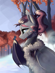 Size: 1536x2048 | Tagged: safe, artist:alrumoon_art, oc, oc only, oc:graceful hotstuff, bat pony, pegasus, pony, armor, beautiful, clothes, crying, elegant, female, gray furr, mare, mare solo, ponytail, scenery, solo, tears of joy, winter coat, winter outfit