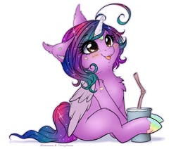 Size: 1386x1176 | Tagged: safe, artist:miokomata, artist:tawnysweet, oc, oc only, oc:dazzling talents, alicorn, pony, bendy straw, blushing, chest fluff, collaboration, cute, drink, drinking straw, female, mare, ocbetes, open mouth, simple background, sitting, solo, white background