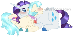 Size: 1580x806 | Tagged: safe, artist:artistcoolpony, coco pommel, rarity, earth pony, pony, unicorn, g4, blushing, chest fluff, colored hooves, cuddling, eyes closed, female, floppy ears, lesbian, lying down, mare, prone, ship:marshmallow coco, shipping, simple background, smiling, transparent background, watermark