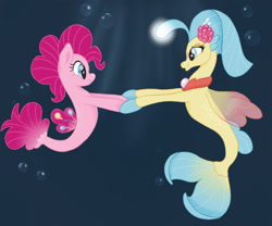 Size: 1024x853 | Tagged: safe, artist:neskers, pinkie pie, princess skystar, earth pony, pony, seapony (g4), g4, bioluminescent, blue mane, bubble, crepuscular rays, dorsal fin, female, fin wings, fins, fish tail, flower, flower in hair, flowing tail, jewelry, lesbian, looking at each other, necklace, ocean, pearl necklace, pink mane, seaponified, seapony pinkie pie, ship:skypie, shipping, smiling, species swap, tail, underwater, water, wings